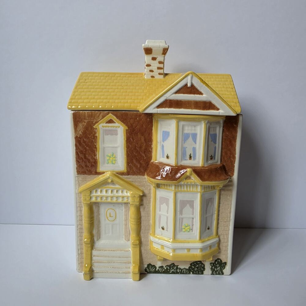 Vintage Victorian House Cookie Jar Ceramic Yellow With Lid 1989 Retro